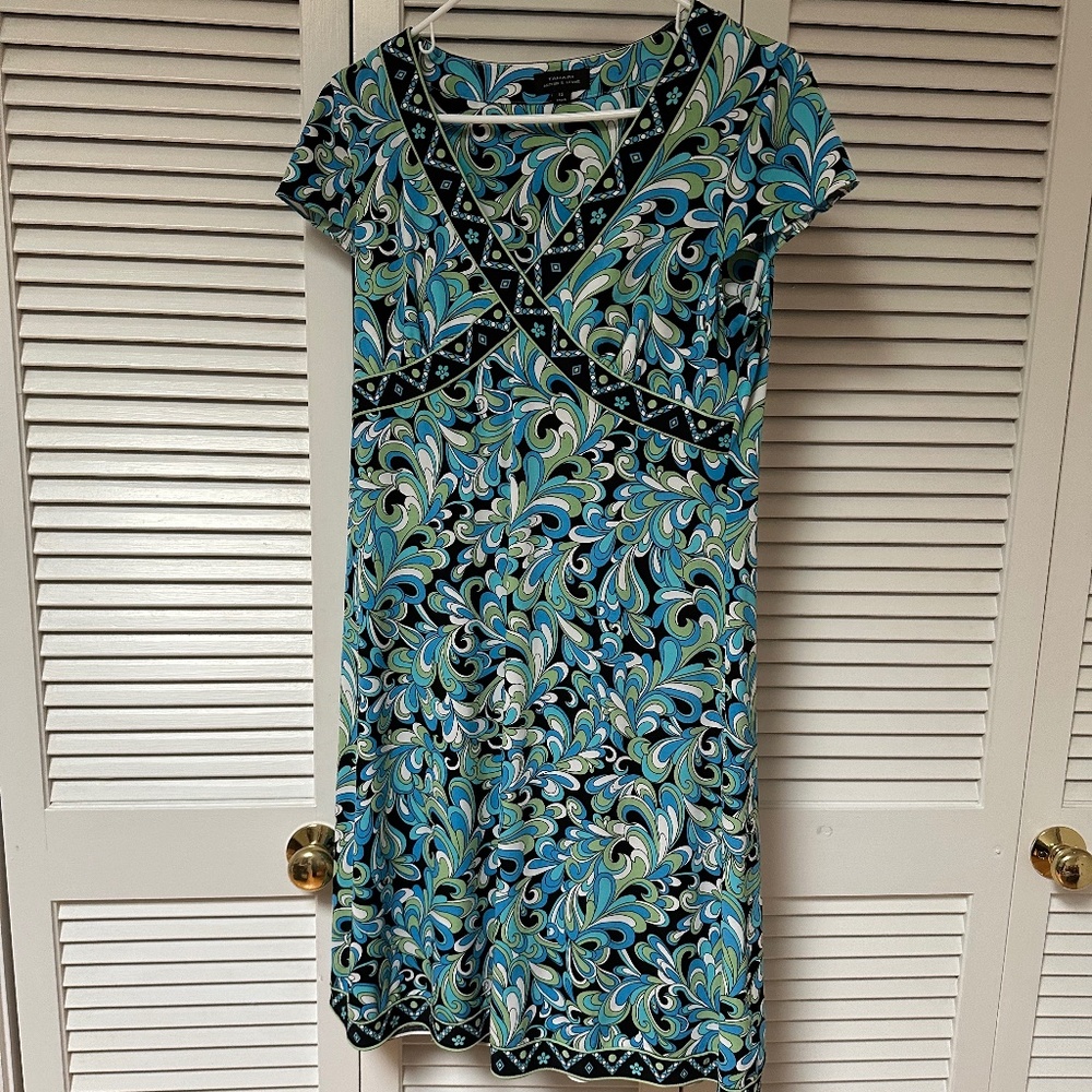 Tahari Dress Colorful Mod Print Poly Stretch V-Neck Size 10